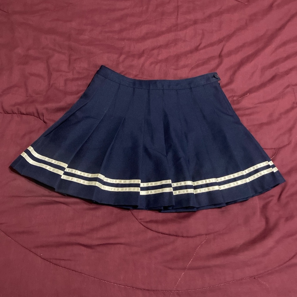 Navy Blue Pleated Skirt with White Stripes